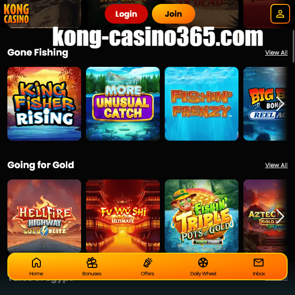 Kong Casino themed sections Gone Fishing and Going for Gold